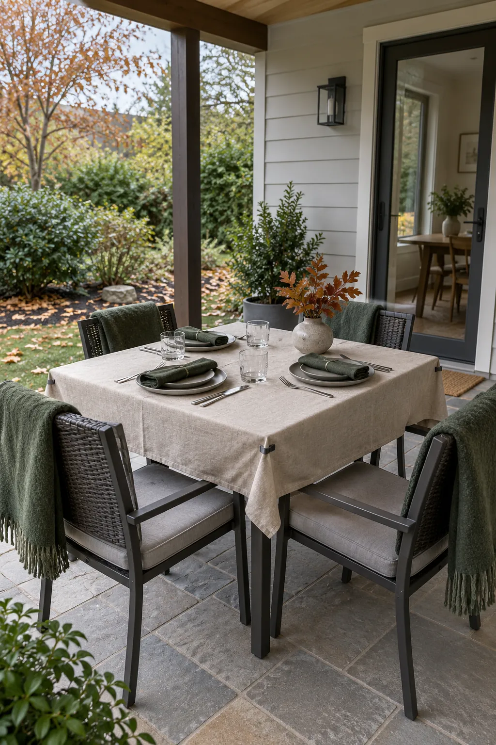 A sheltered patio Thanksgiving table with secured natural cloth, stable pottery, and contained seasonal foliage.