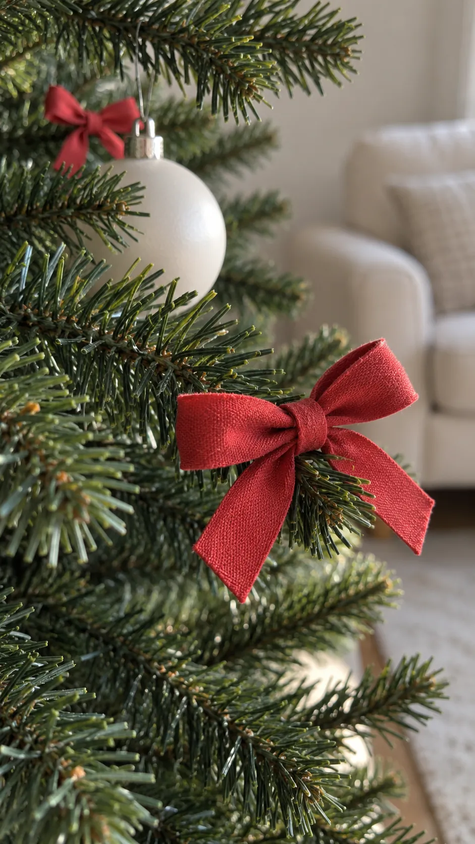 Tiny bows for bare tree branches made with reused Christmas ribbon scraps