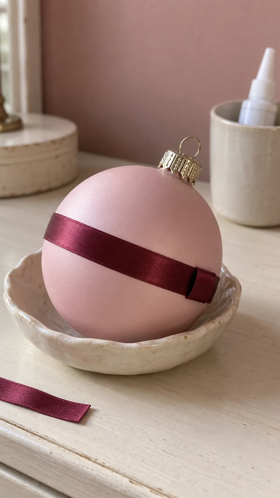 Ribbon collars for plain baubles made with reused Christmas ribbon scraps
