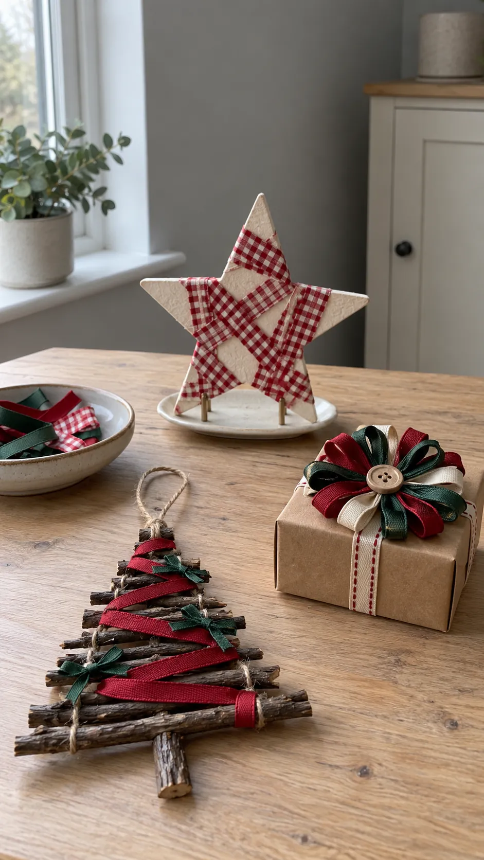 Handmade twig tree, wrapped star and ribbon flower gift decoration made from Christmas ribbon scraps