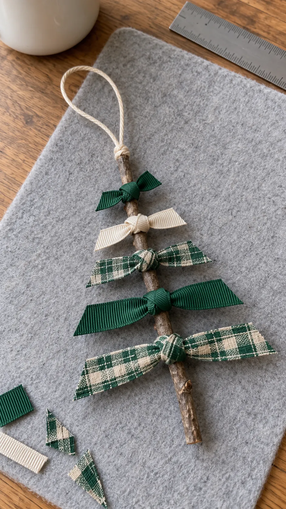 Scrap tied twig trees made with reused Christmas ribbon scraps