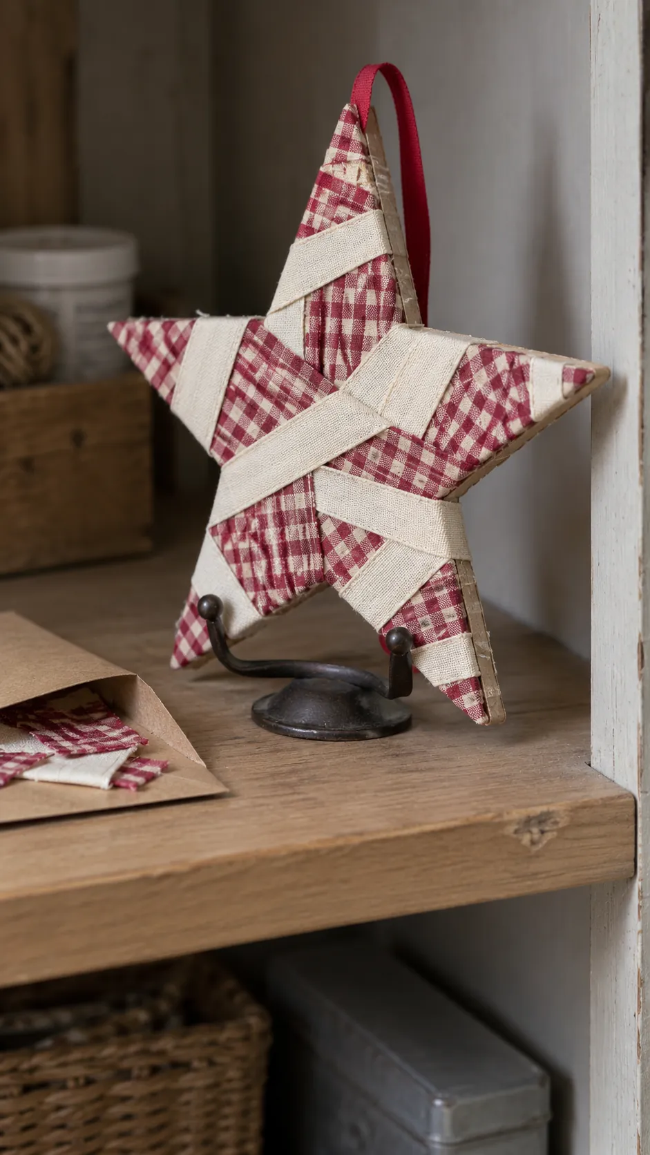 Wrapped cardboard stars made with reused Christmas ribbon scraps