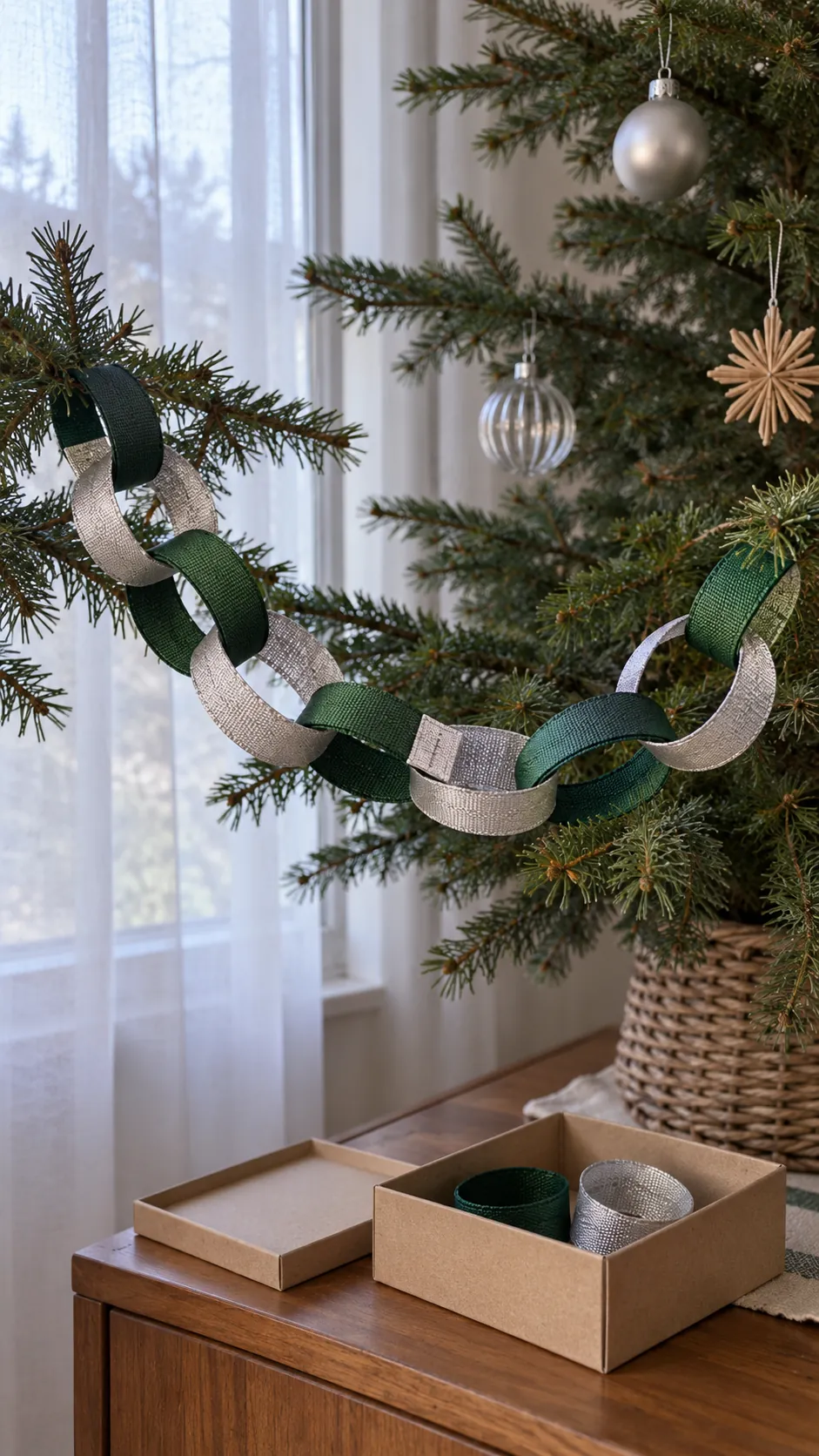Ribbon chain links made with reused Christmas ribbon scraps