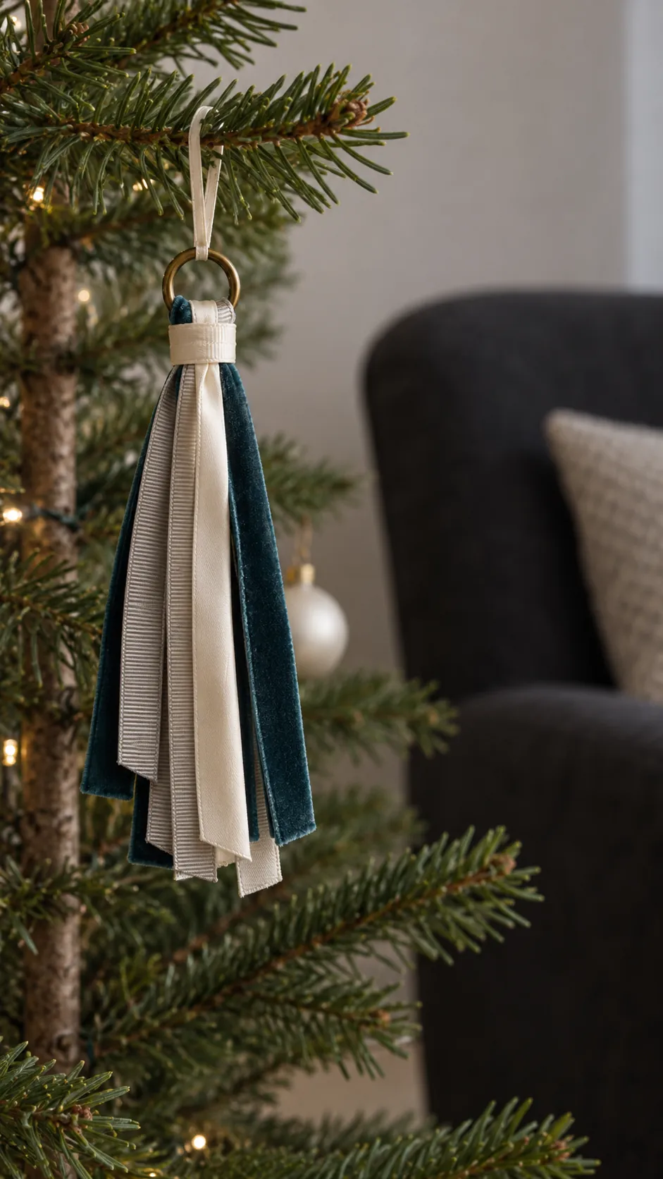 Ribbon tassels for sturdy branches made with reused Christmas ribbon scraps
