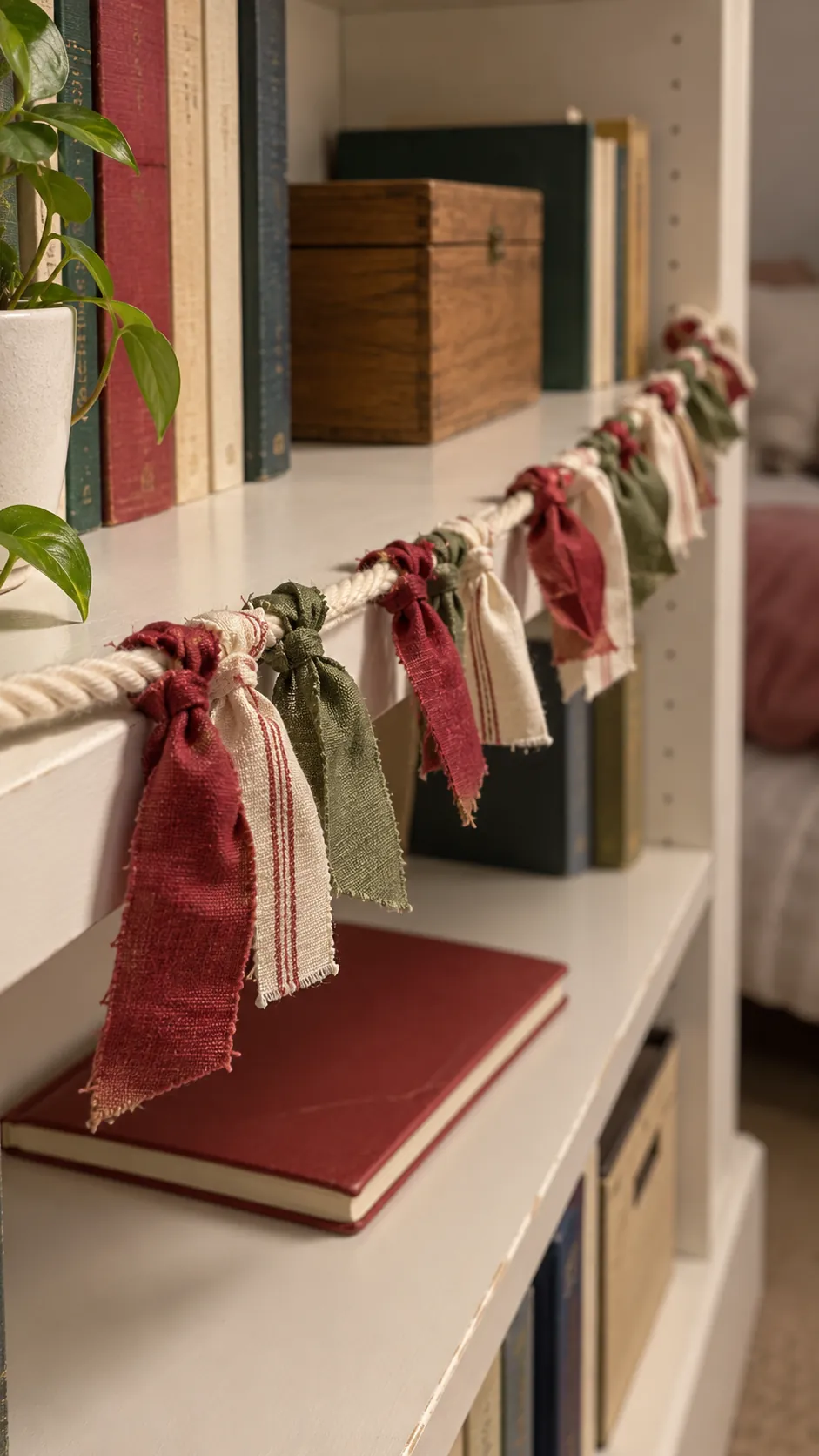 Knotted scrap garlands made with reused Christmas ribbon scraps