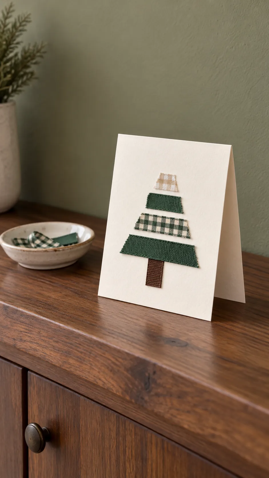 Flat ribbon trees on folded cards made with reused Christmas ribbon scraps