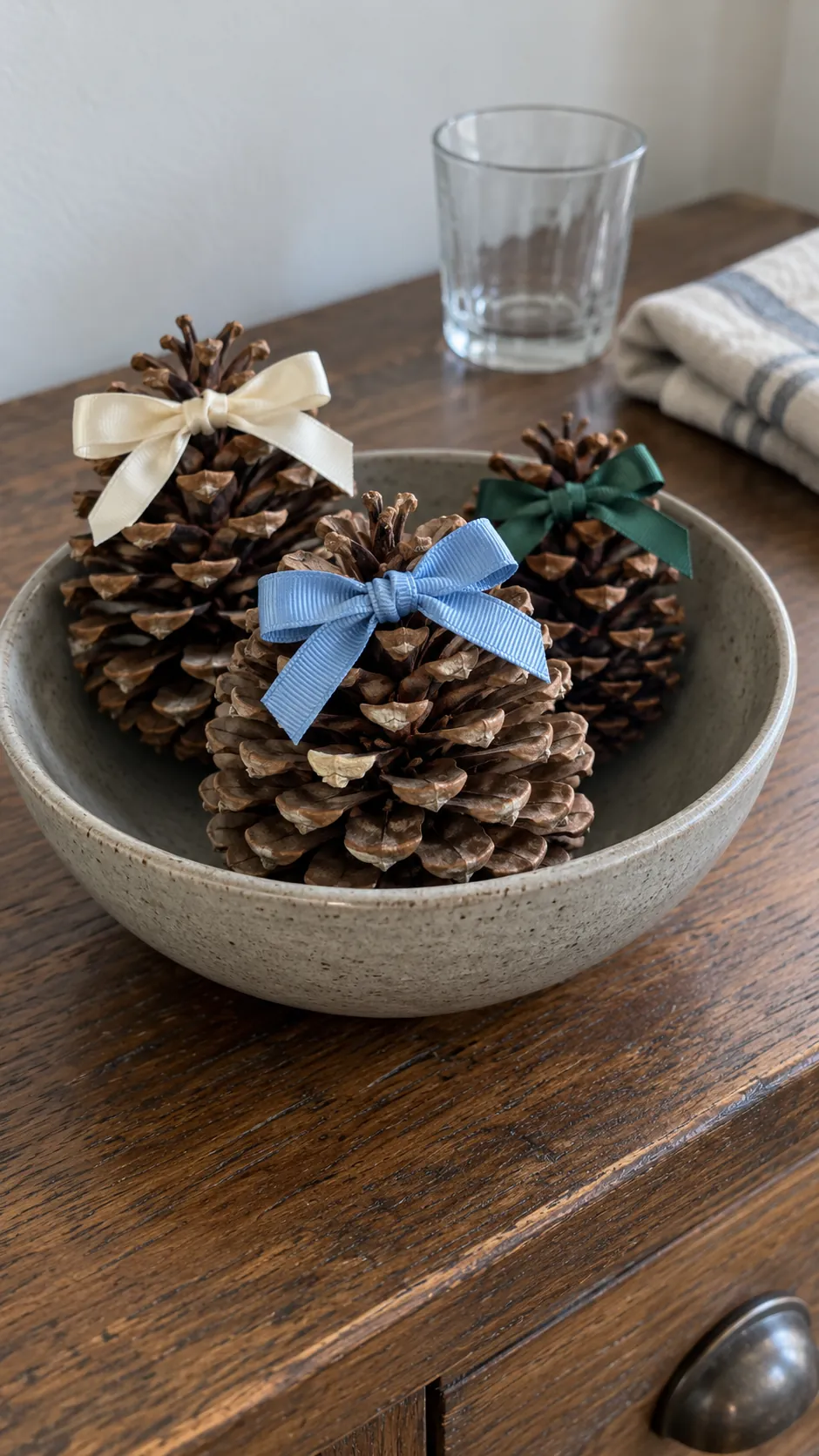 Bow topped pinecones made with reused Christmas ribbon scraps