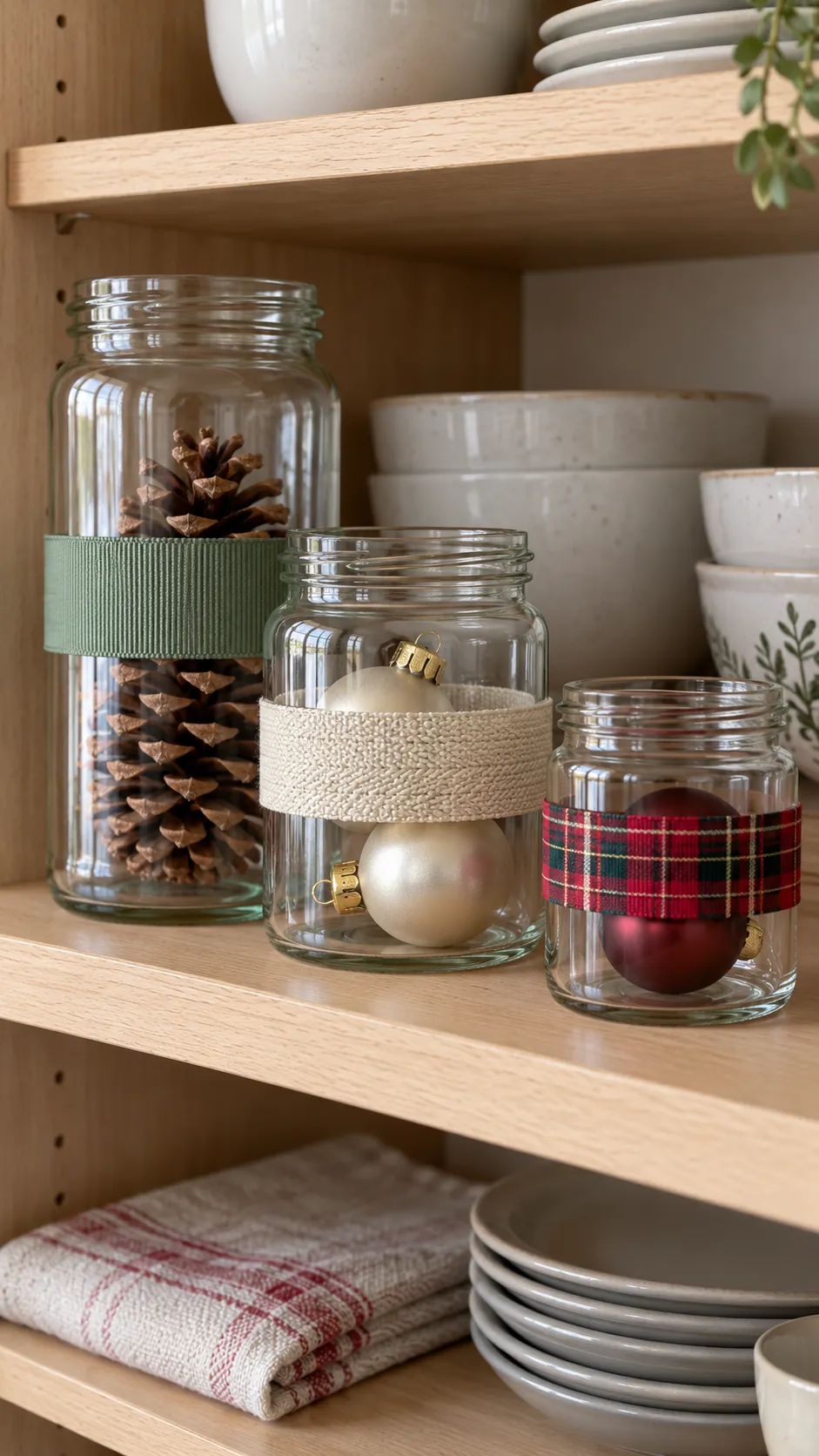 Ribbon bands around empty display jars made with reused Christmas ribbon scraps