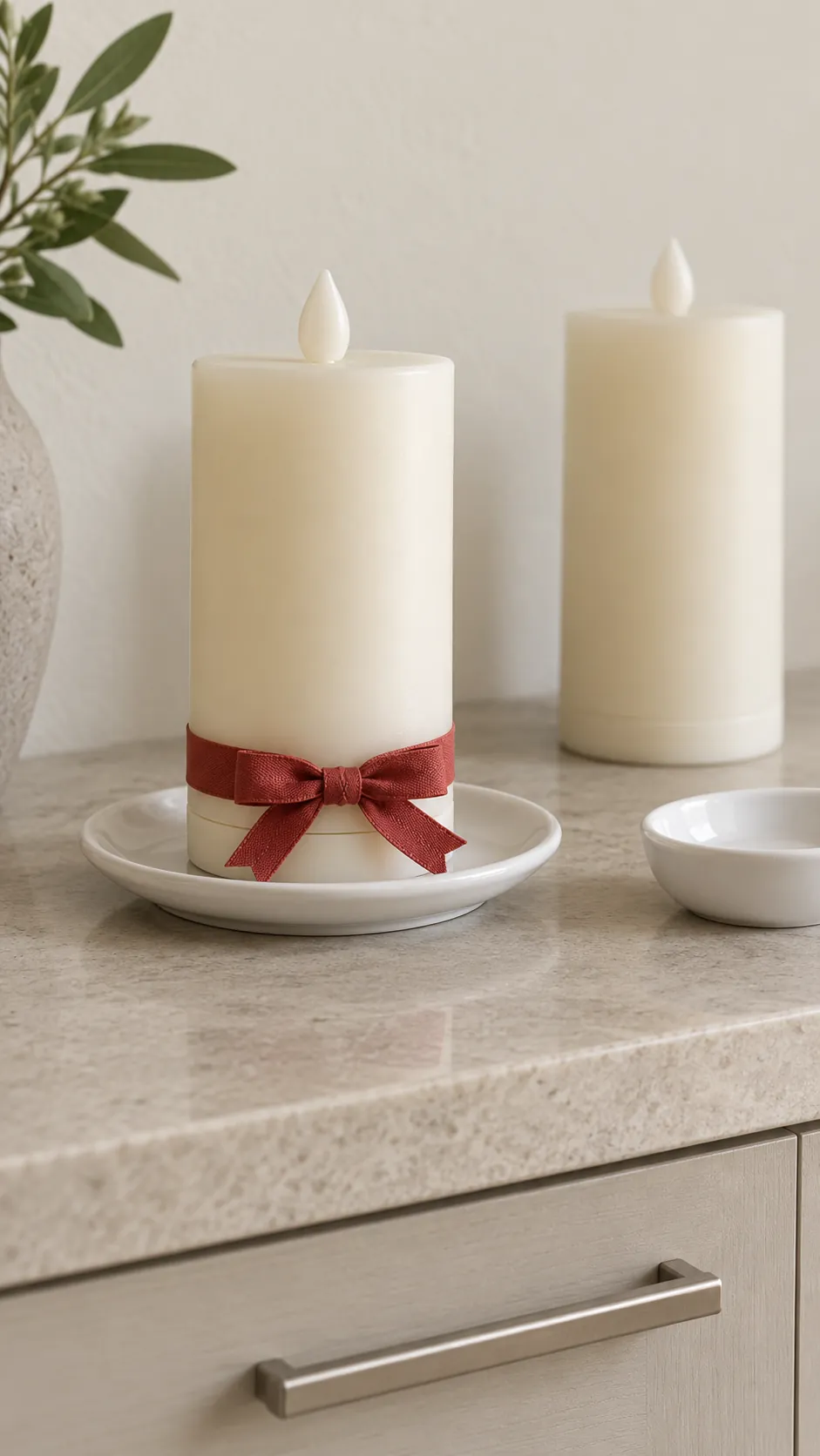 Ribbon accents on battery candle bases made with reused Christmas ribbon scraps
