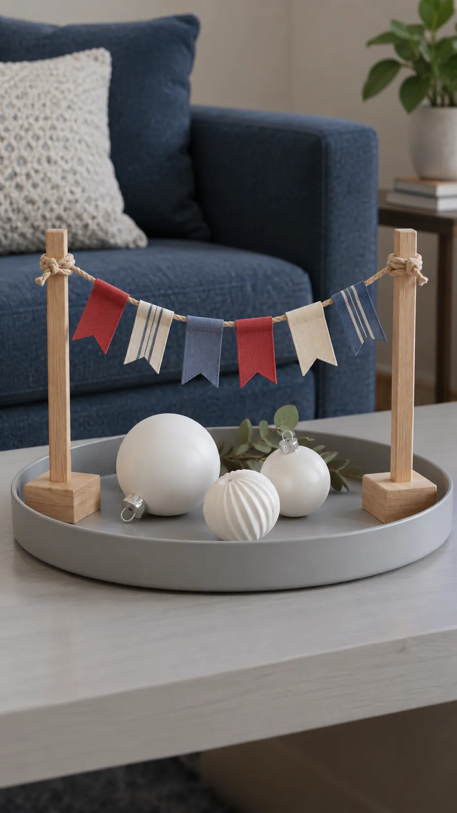 Scrap flags on a tabletop cord made with reused Christmas ribbon scraps