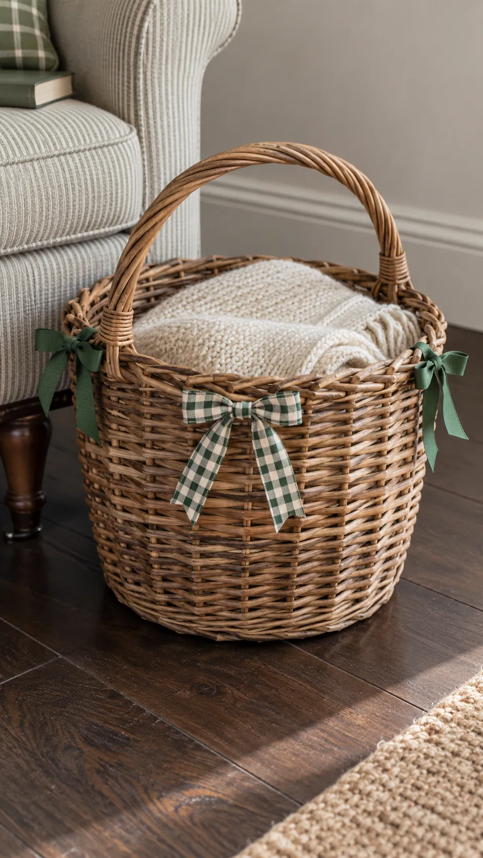 Ribbon ties on a decorative basket made with reused Christmas ribbon scraps