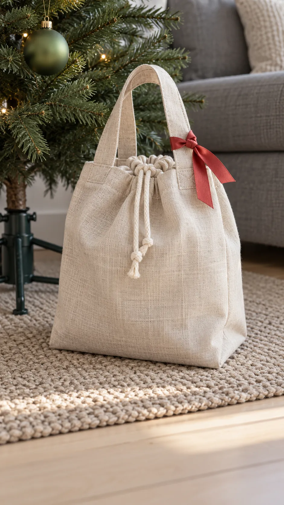 Ribbon tabs on fabric gift bags made with reused Christmas ribbon scraps