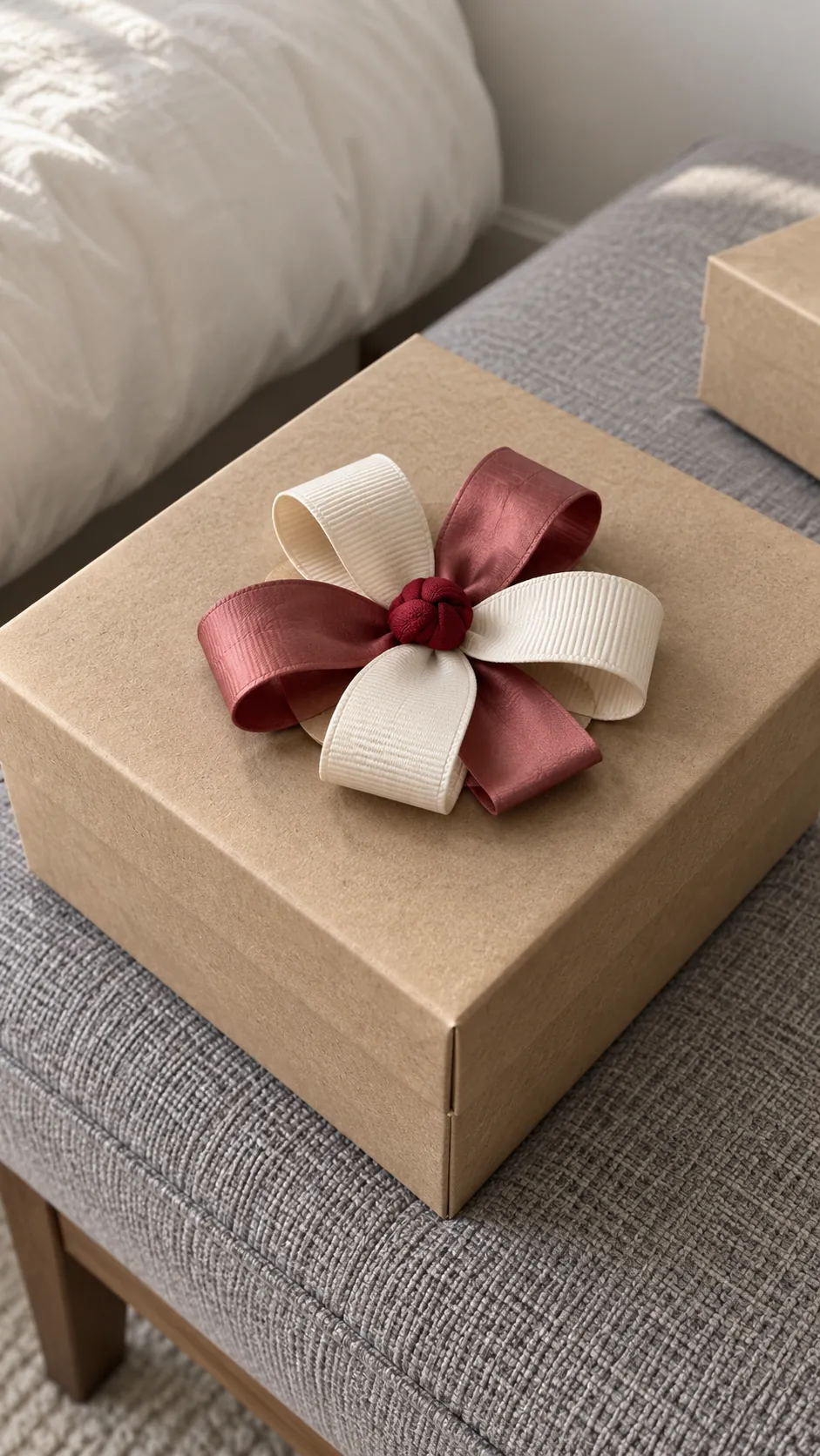 Layered ribbon flowers for gift boxes made with reused Christmas ribbon scraps