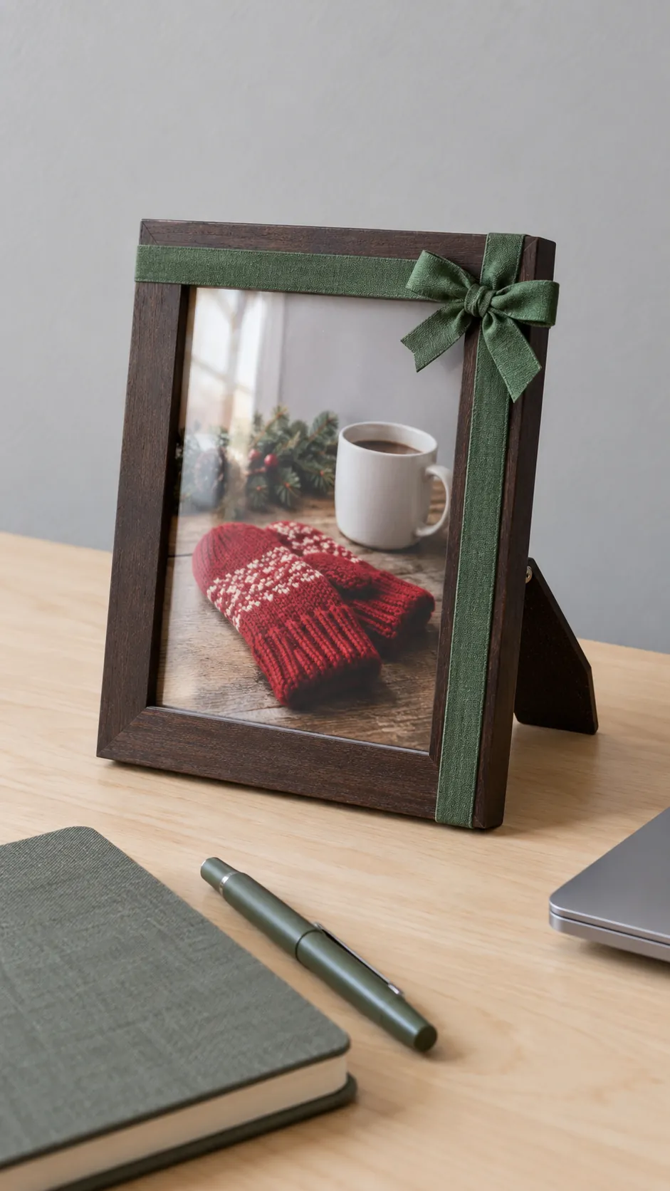 Ribbon corners on decorative picture frames made with reused Christmas ribbon scraps