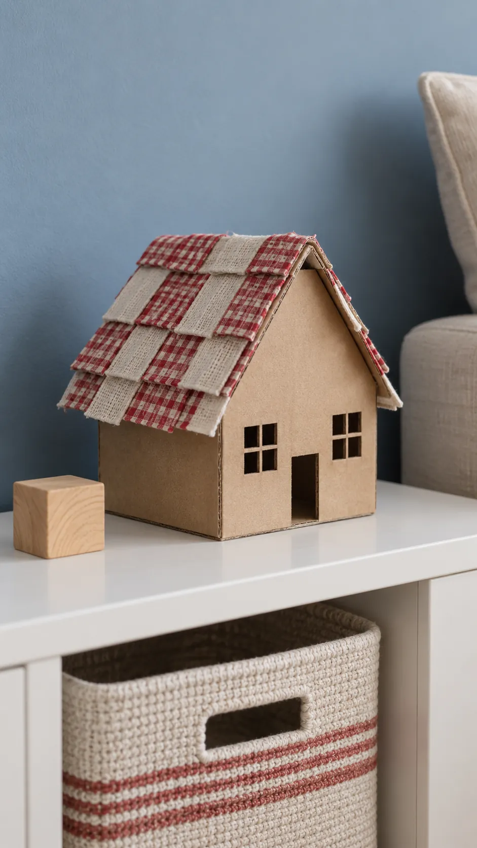 Ribbon patches on cardboard houses made with reused Christmas ribbon scraps