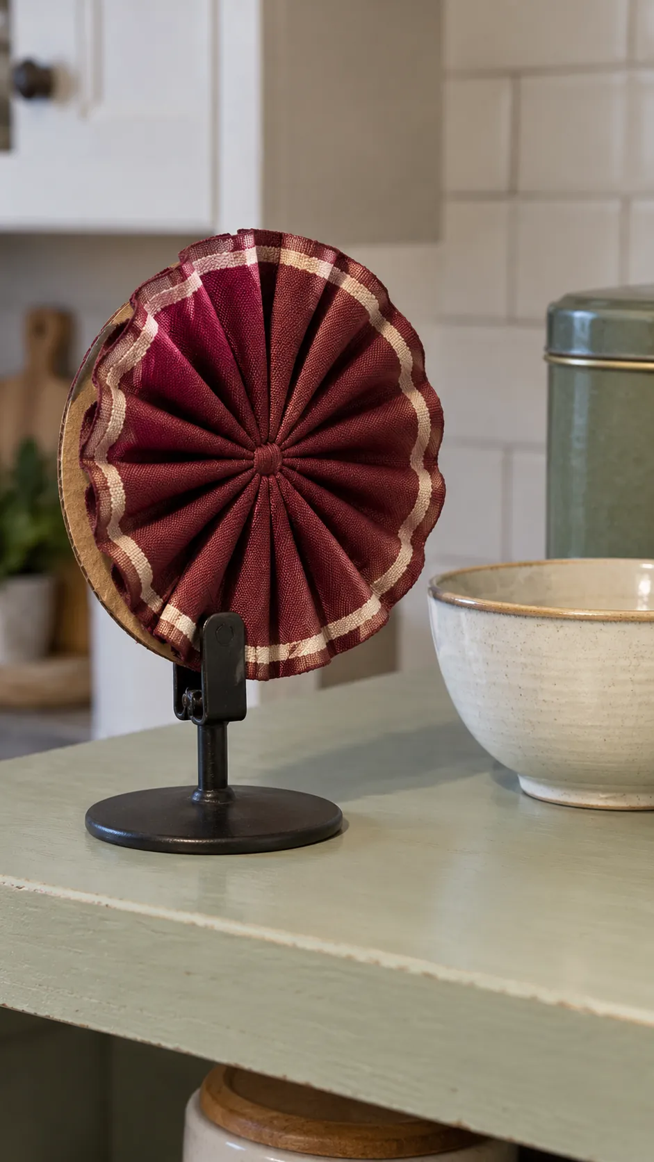 A ribbon rosette for an ornament stand made with reused Christmas ribbon scraps