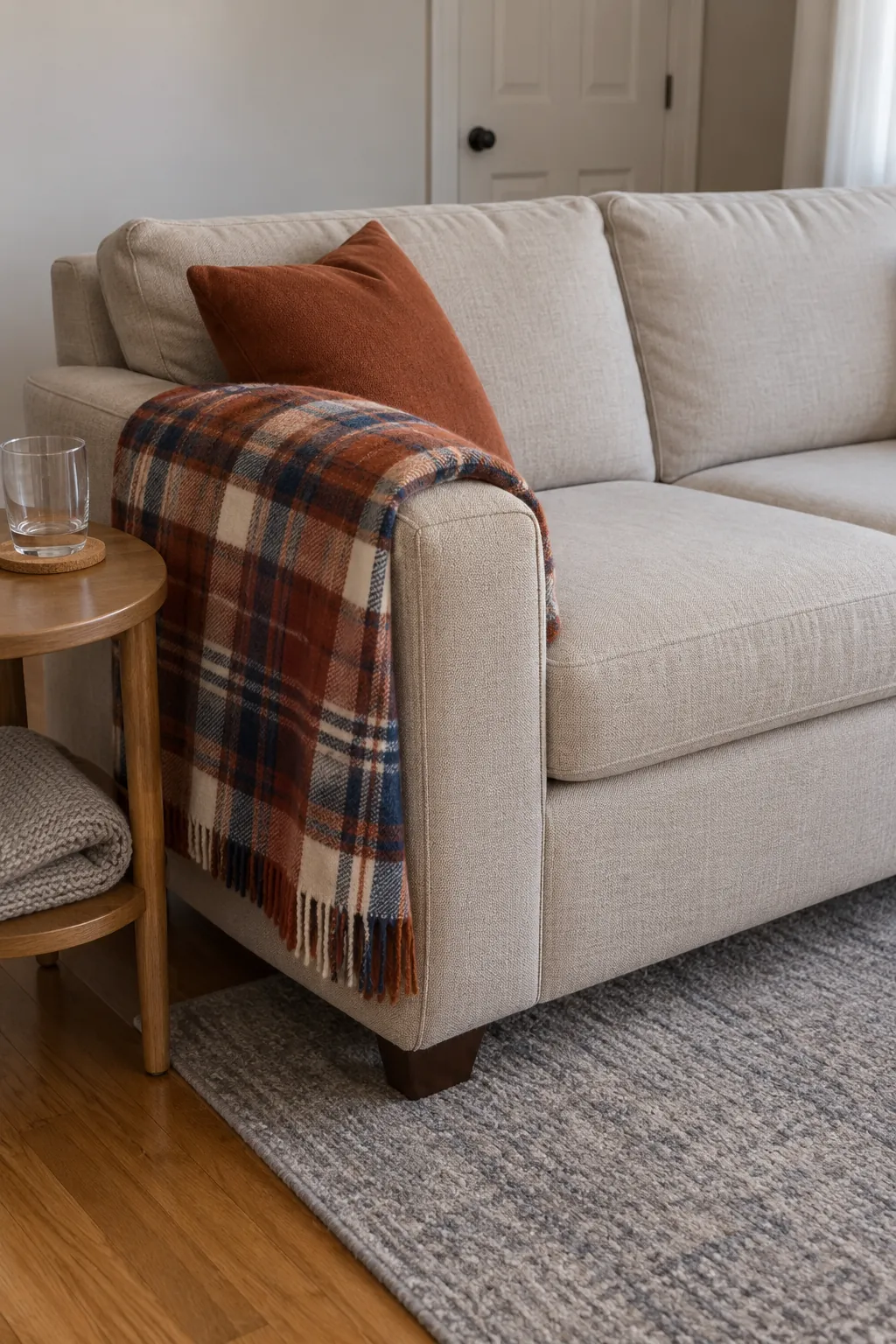 Plaid on One Sofa Arm Thanksgiving decor idea