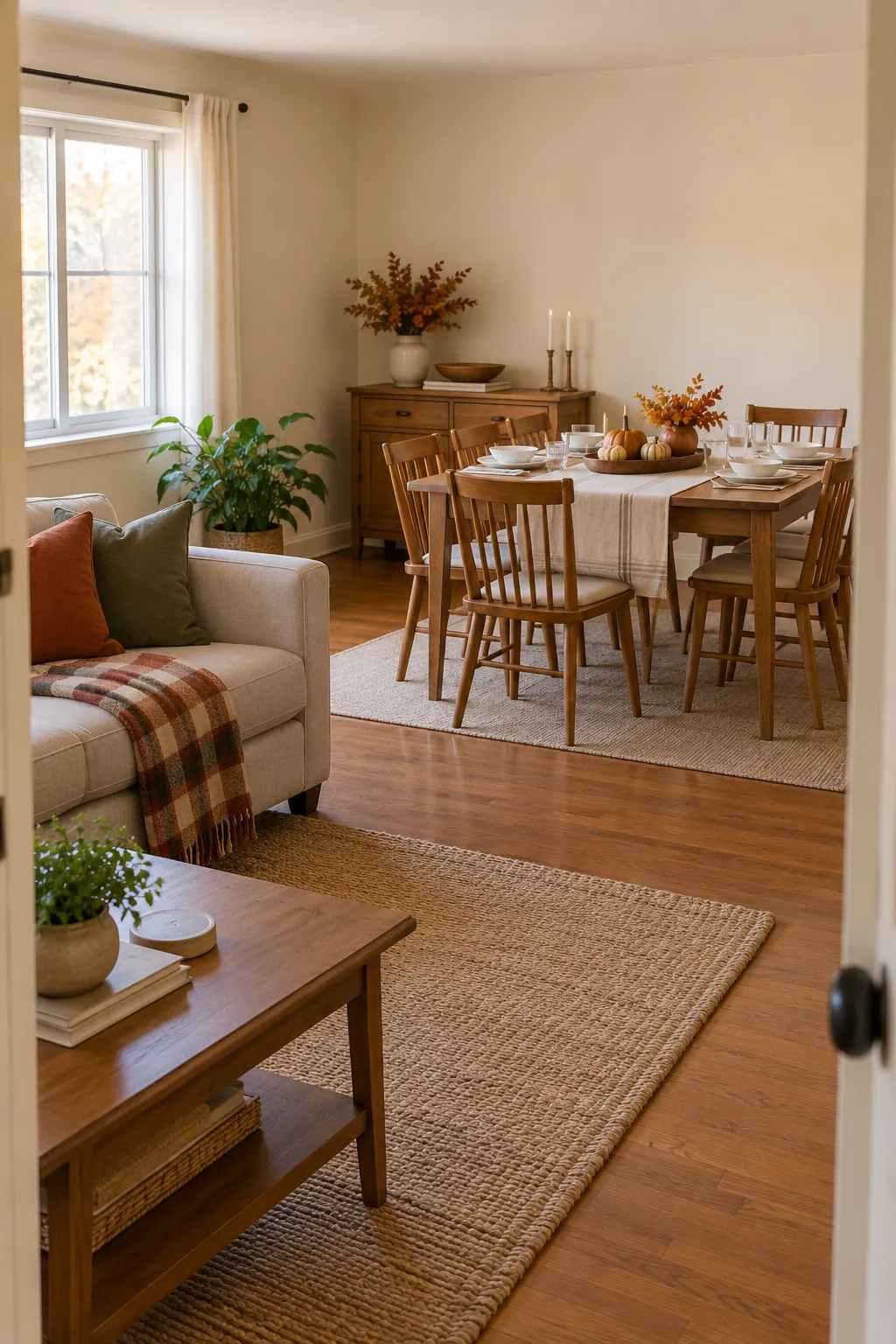 Welcoming Thanksgiving gathering room with clear seating and a small harvest centerpiece