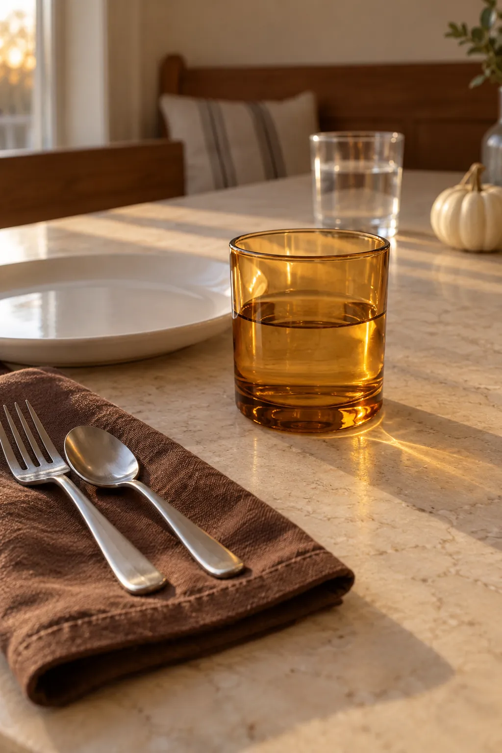 Amber Glass beside Plain Plates Thanksgiving decor idea