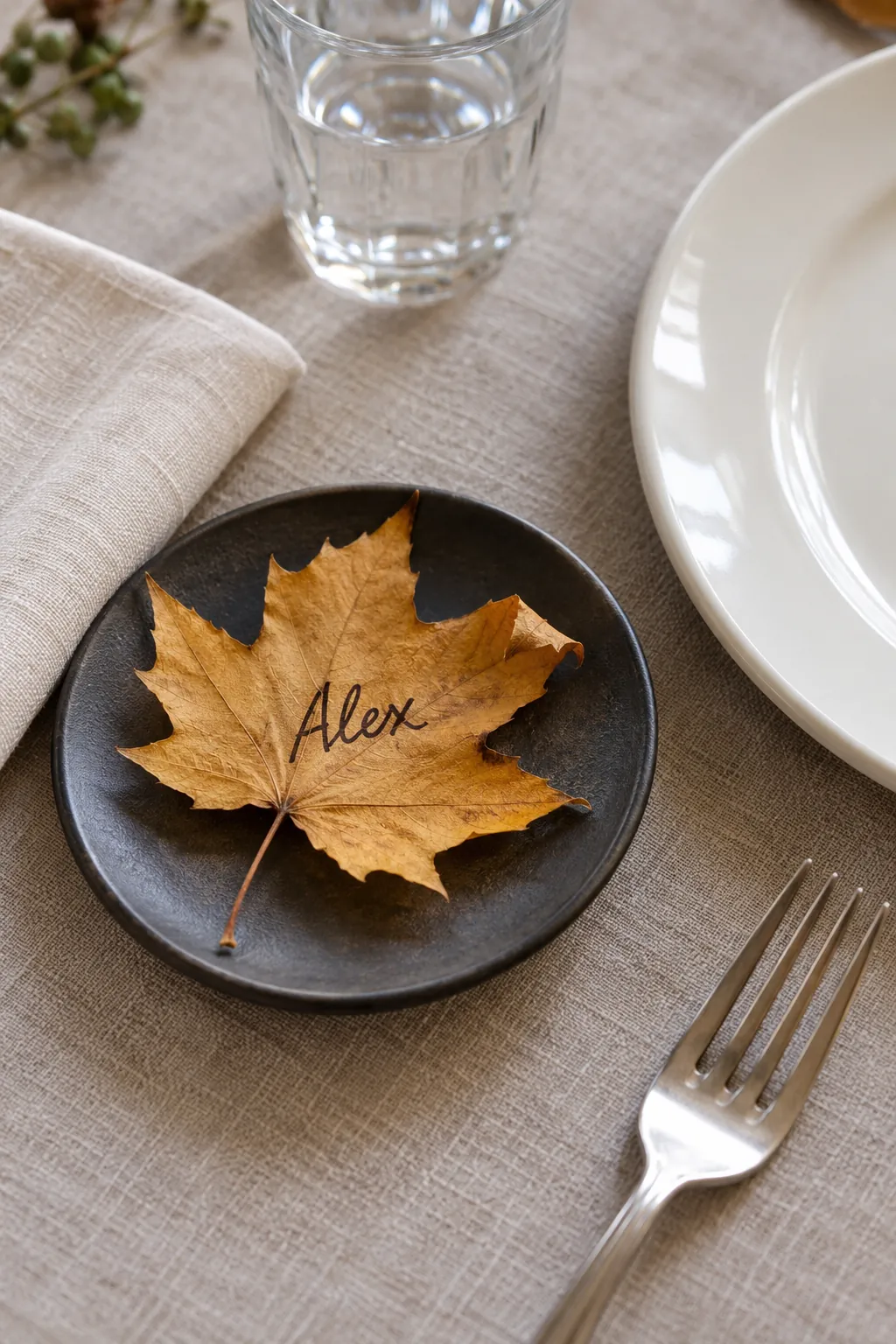 Leaf Place Cards on Side Plates Thanksgiving decor idea