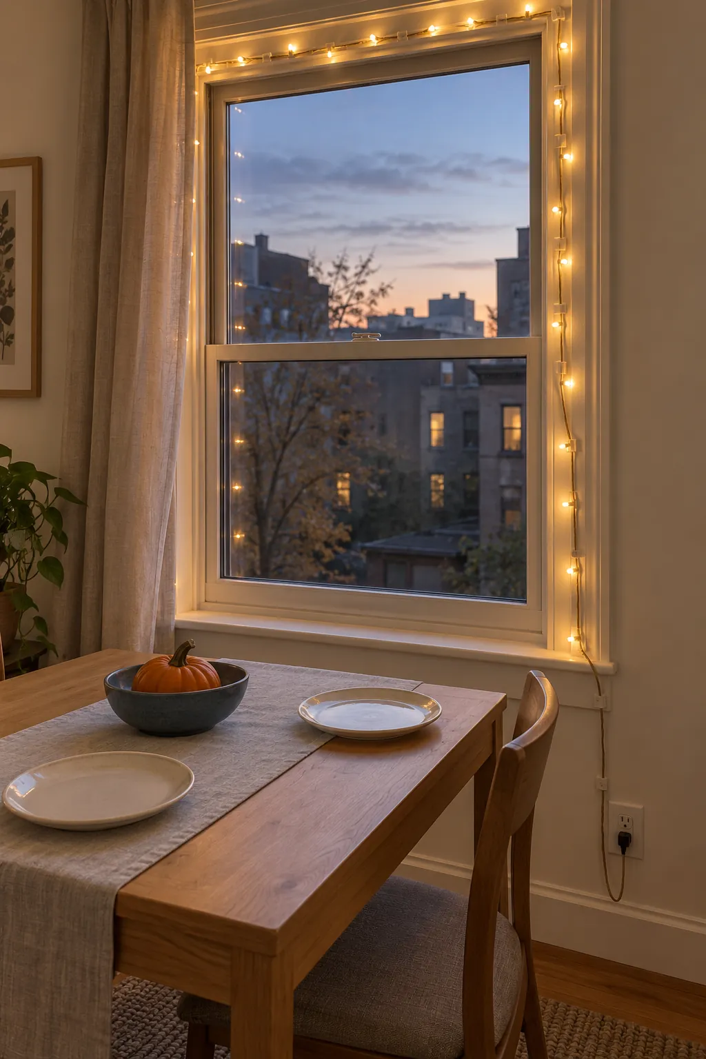 Warm Lights around a Window Thanksgiving decor idea