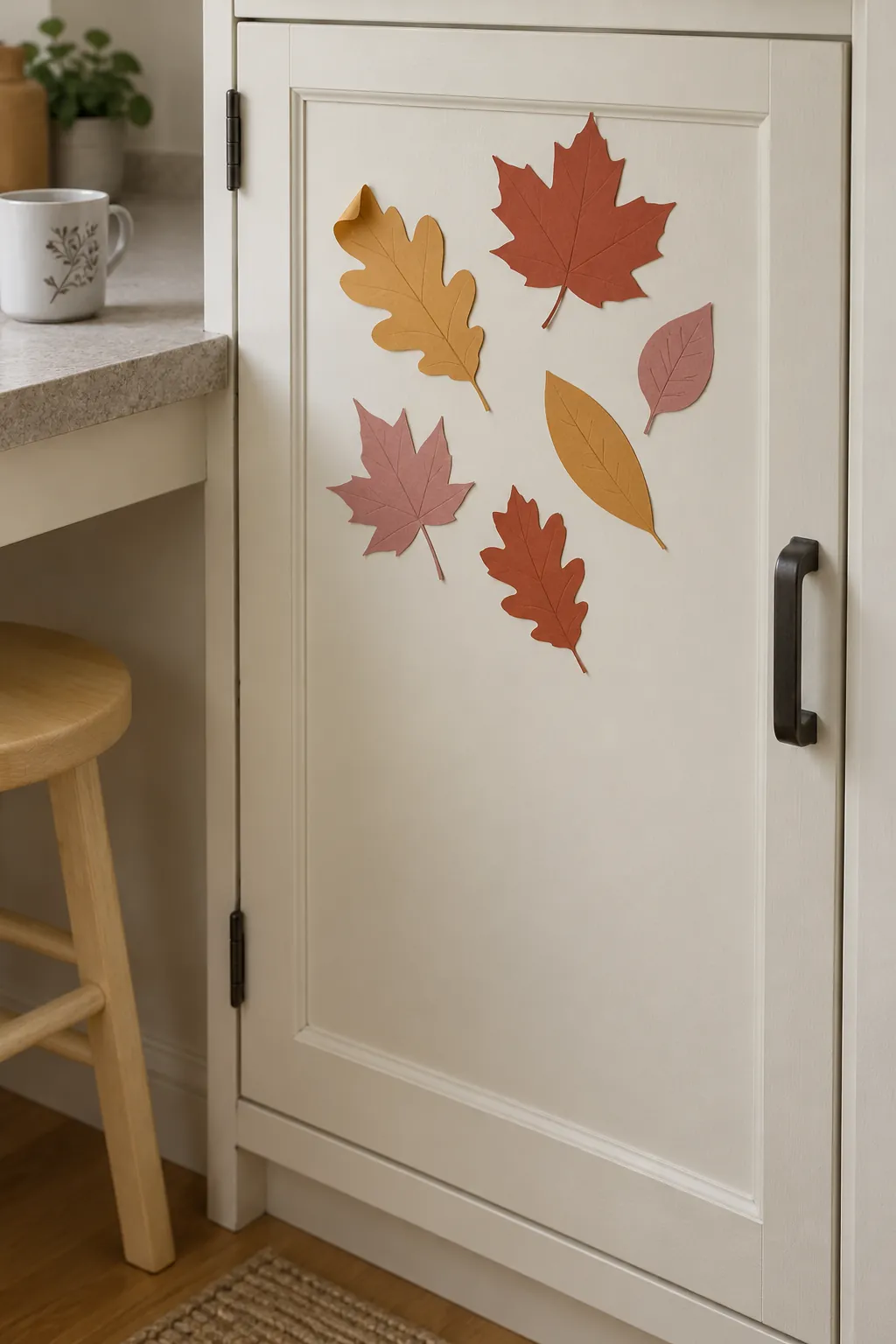 Paper Leaves on a Cupboard Door Thanksgiving decor idea