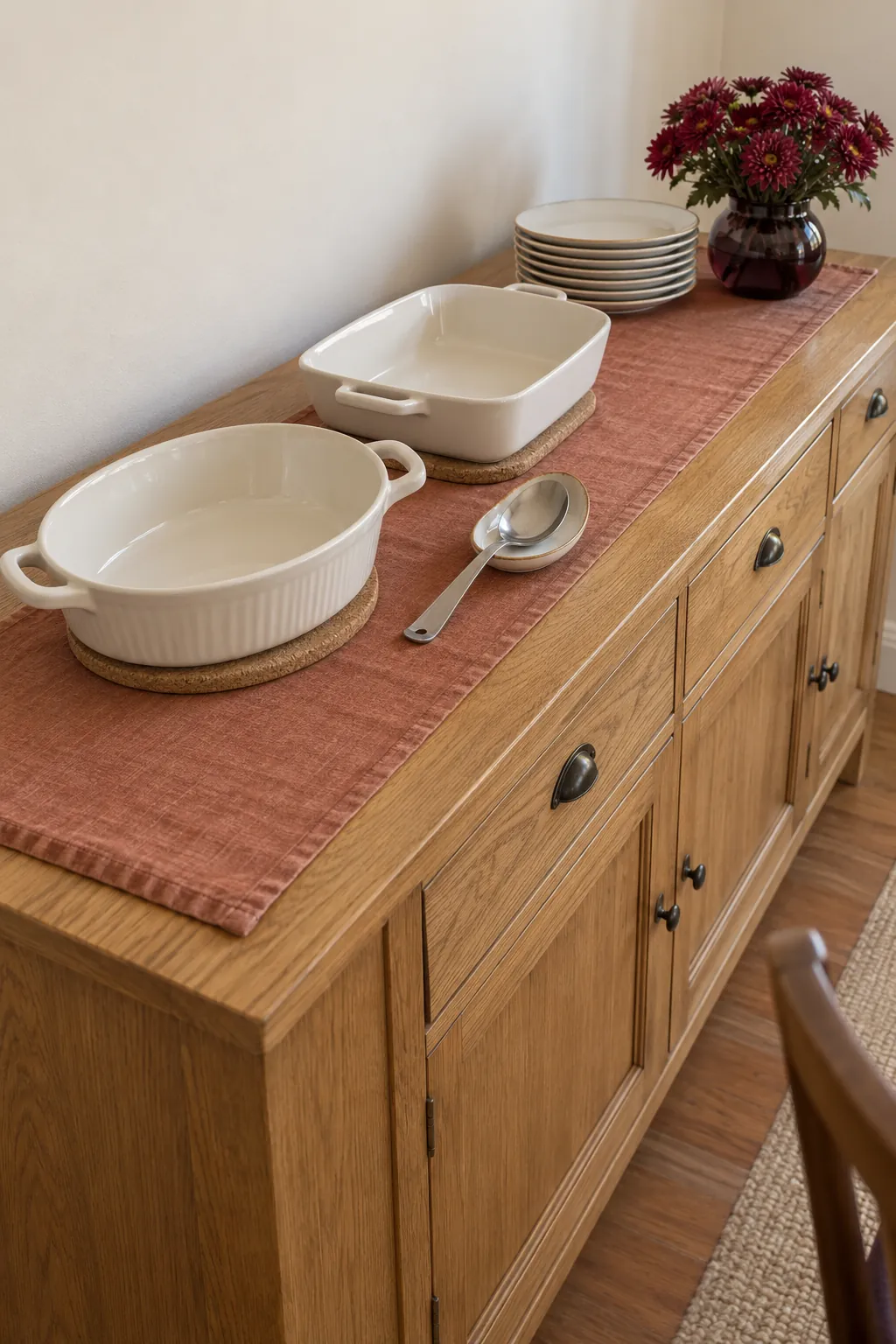 A Plain Runner across the Buffet Thanksgiving decor idea