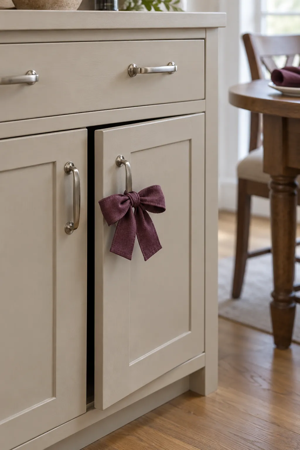 A Fabric Bow on a Cabinet Pull Thanksgiving decor idea