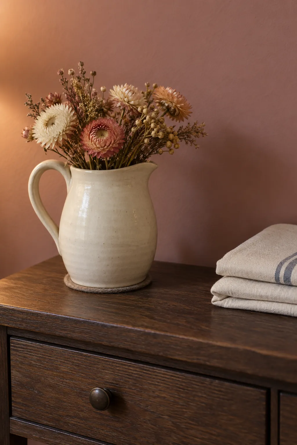 A Ceramic Pitcher of Dried Flowers Thanksgiving decor idea