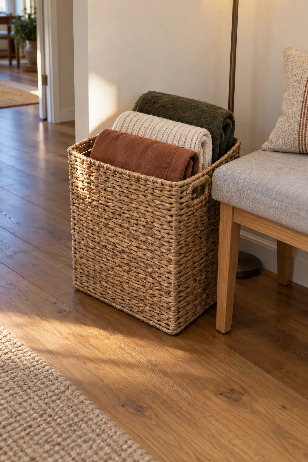 A Folded Blanket Basket Thanksgiving decor idea
