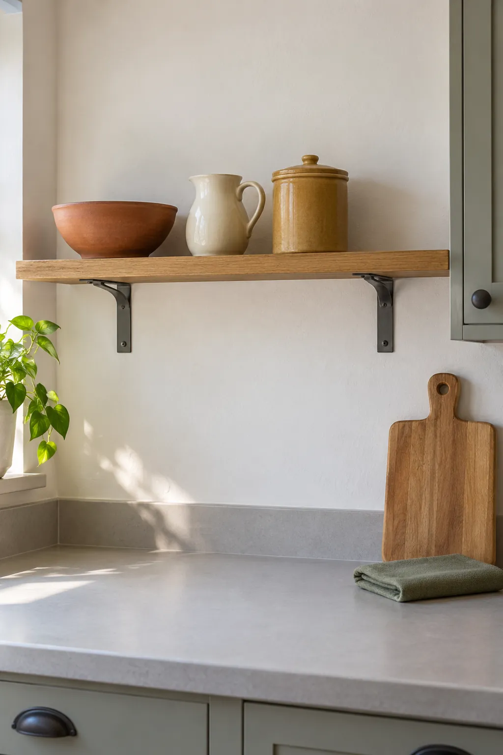 A Narrow Kitchen Shelf with Pottery Thanksgiving decor idea