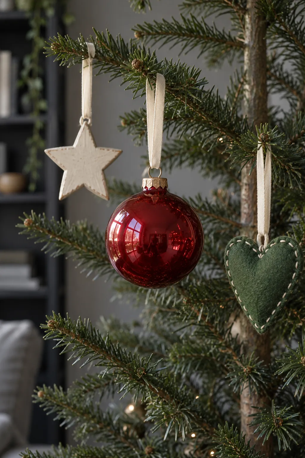 Glass wooden and fabric ornaments connected with cream hanging ribbon