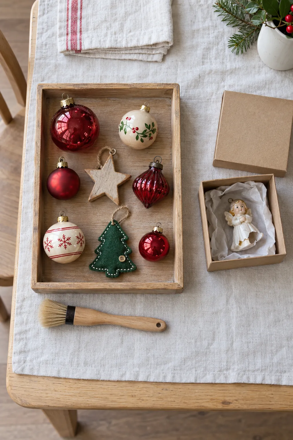 Secondhand Christmas ornaments sorted by condition on a protected table