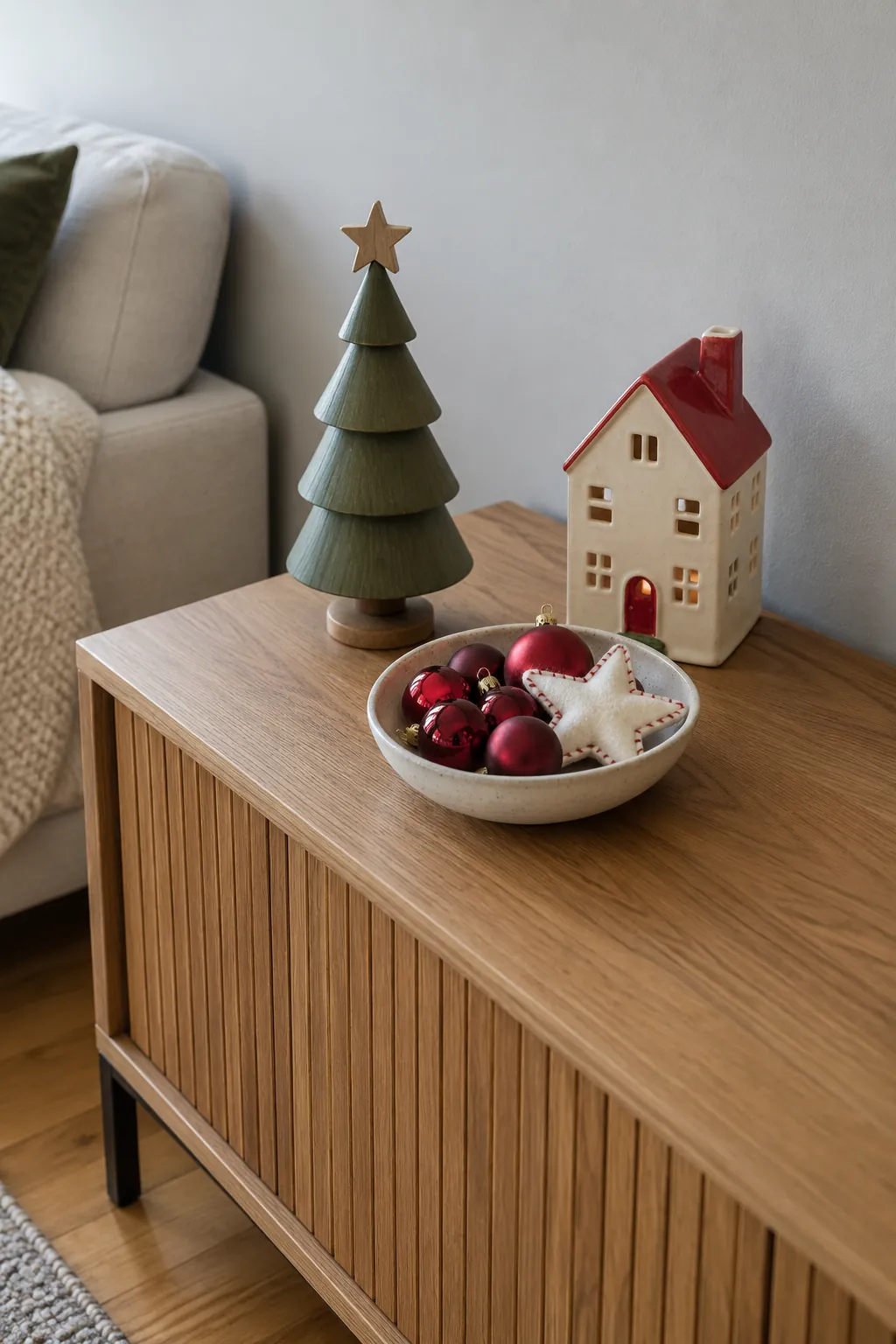 Coordinated cream red and green thrifted Christmas collection on a living room console
