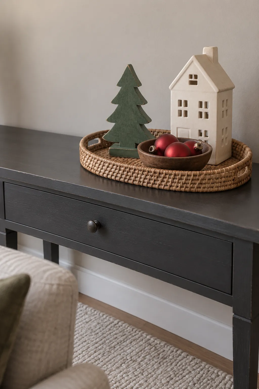 Thrifted ceramic house miniature tree and matching baubles on a tray