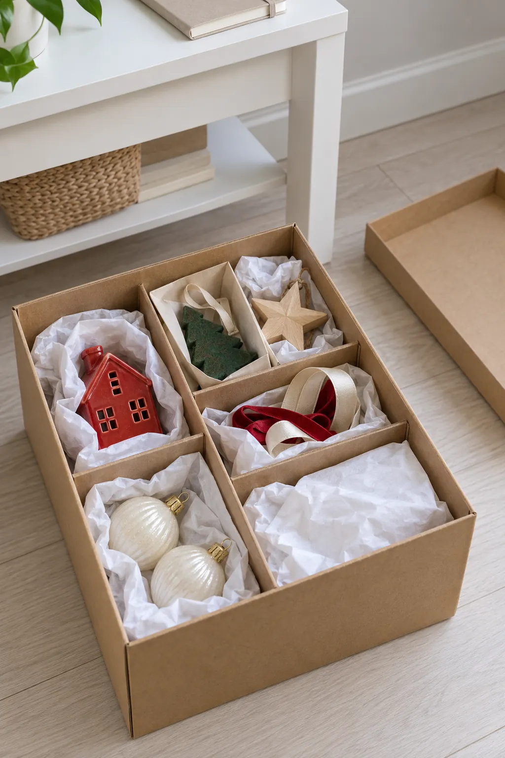 Coordinated Christmas decorations packed in separate protected storage compartments