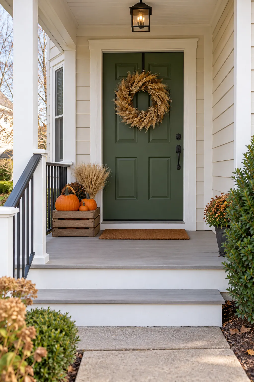 Sheltered Thanksgiving porch with stable harvest accents and a clear entrance