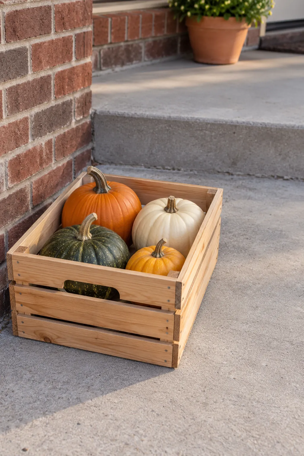 Pumpkins in a Single Wooden Crate outdoor Thanksgiving decoration