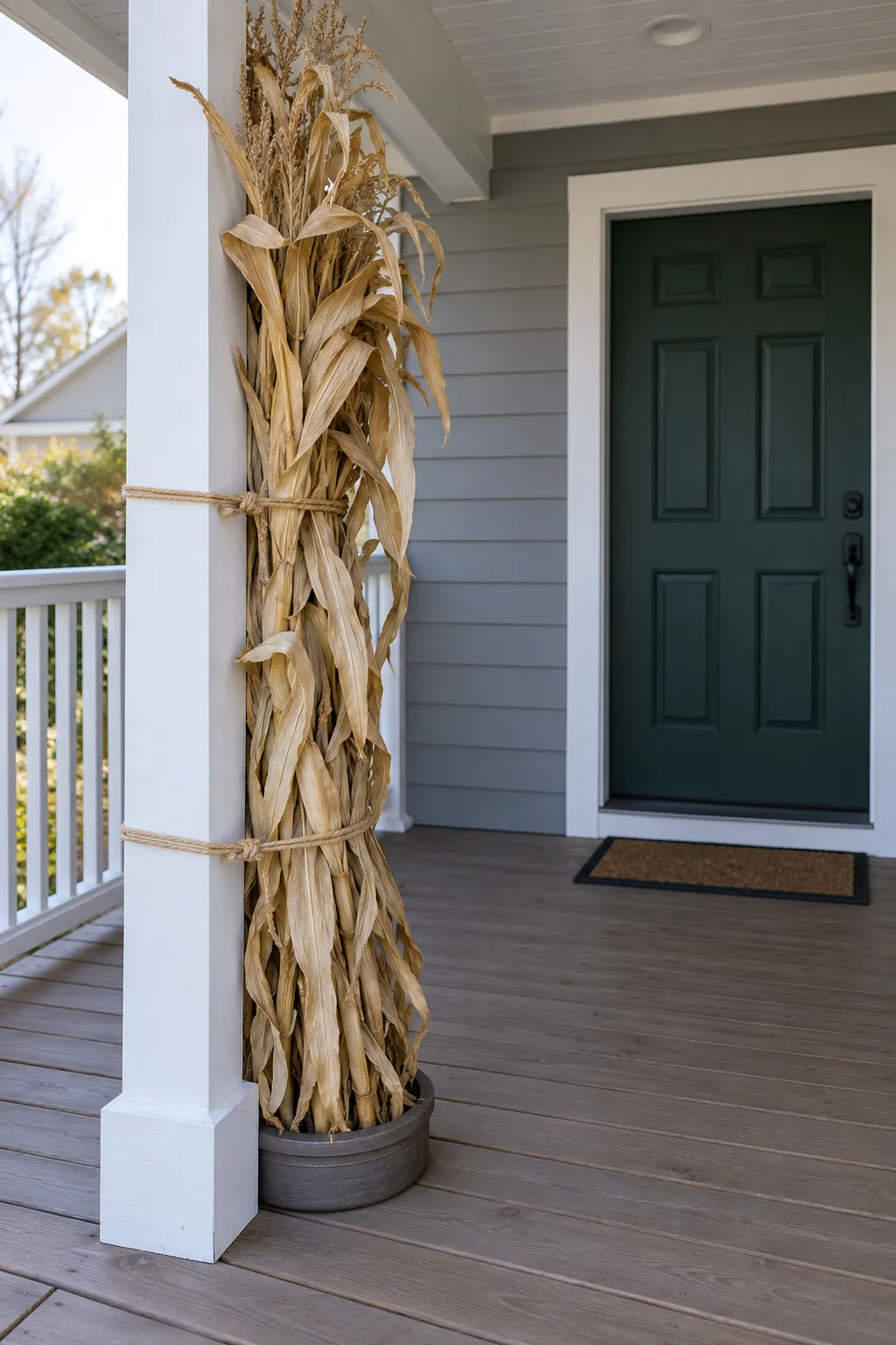 Cornstalks beside a Sheltered Post outdoor Thanksgiving decoration