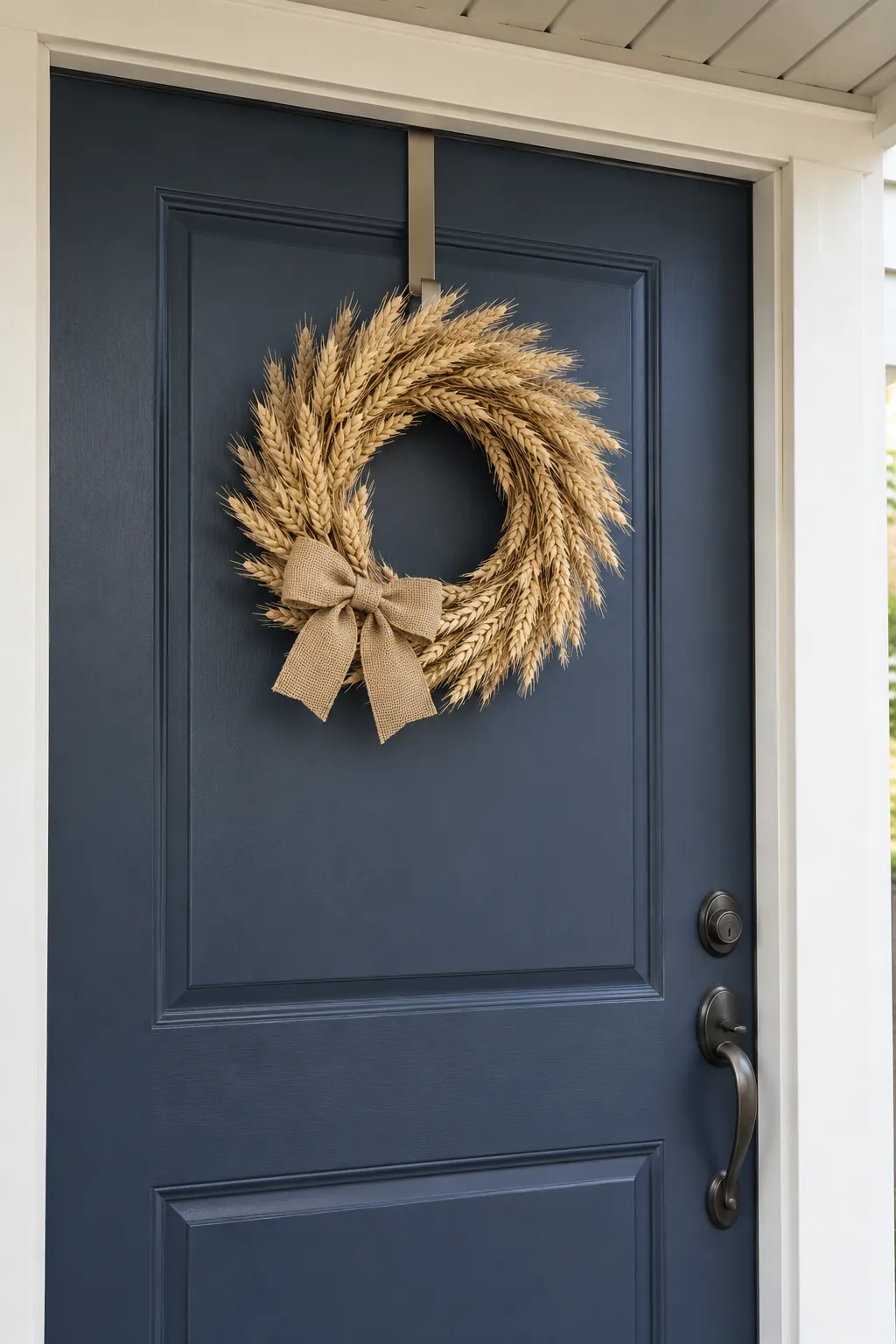 A Wheat Wreath under the Porch Roof outdoor Thanksgiving decoration