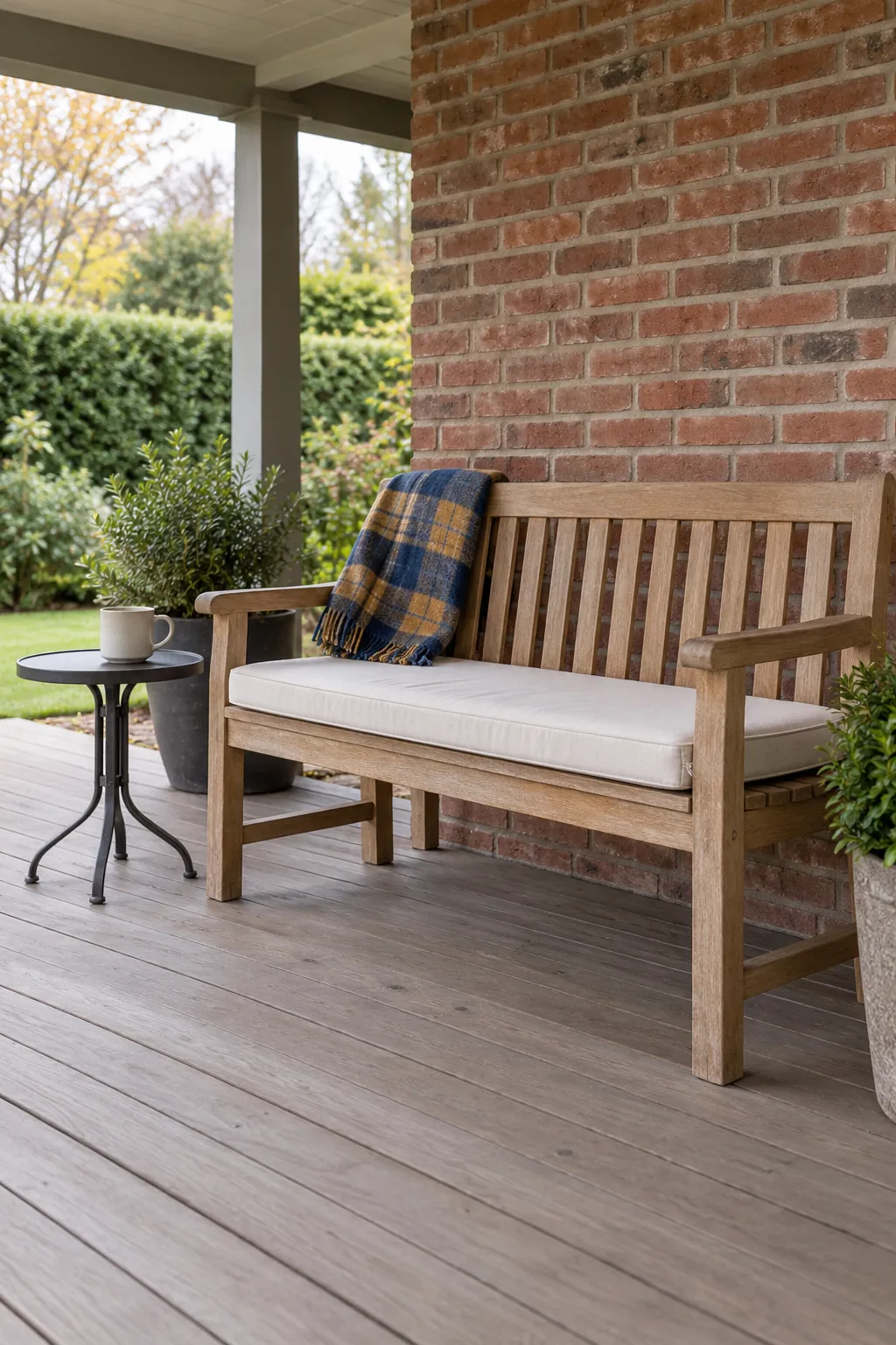 A Covered Bench with Removable Plaid outdoor Thanksgiving decoration