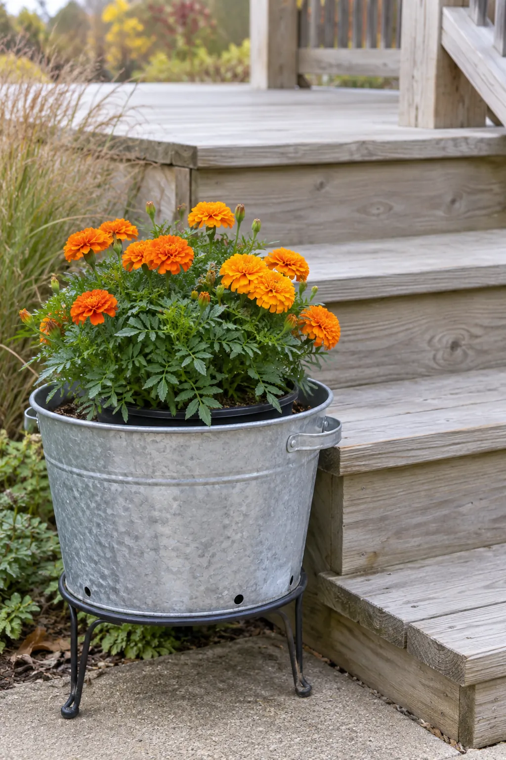 Potted Flowers in Draining Metal Containers outdoor Thanksgiving decoration