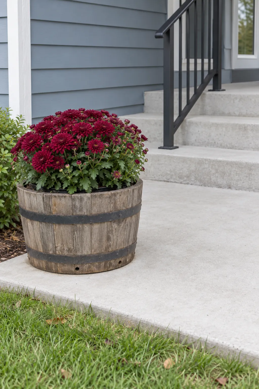 A Barrel Planter away from the Stairs outdoor Thanksgiving decoration