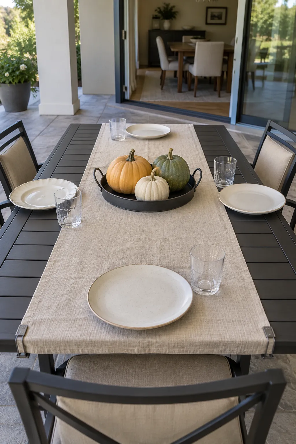 A Patio Table with a Moveable Harvest Tray outdoor Thanksgiving decoration