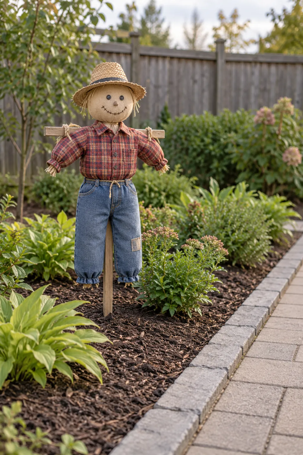 A Secured Scarecrow in a Garden Bed outdoor Thanksgiving decoration
