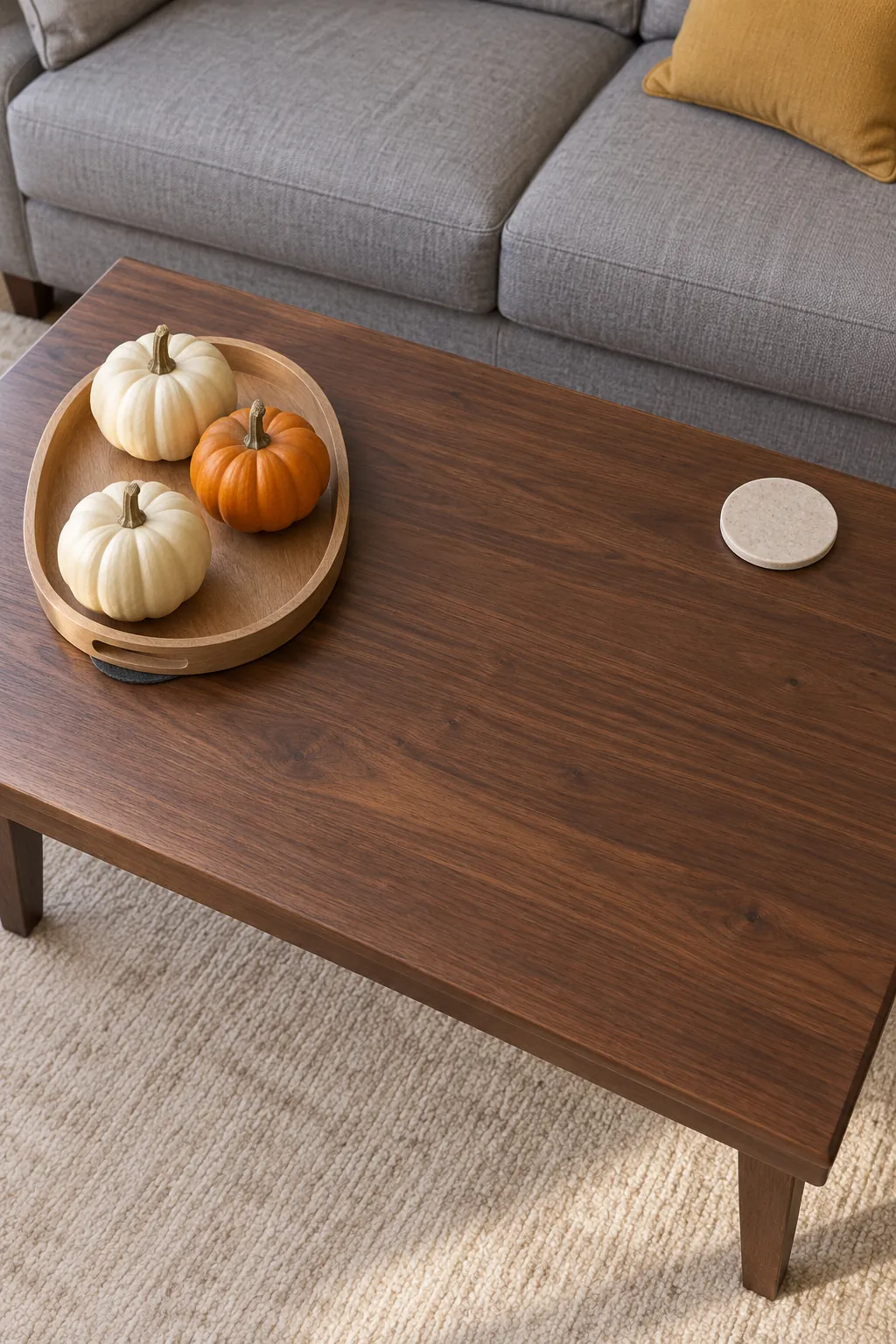 Mini Pumpkins on a Coffee Table Tray Thanksgiving living room idea