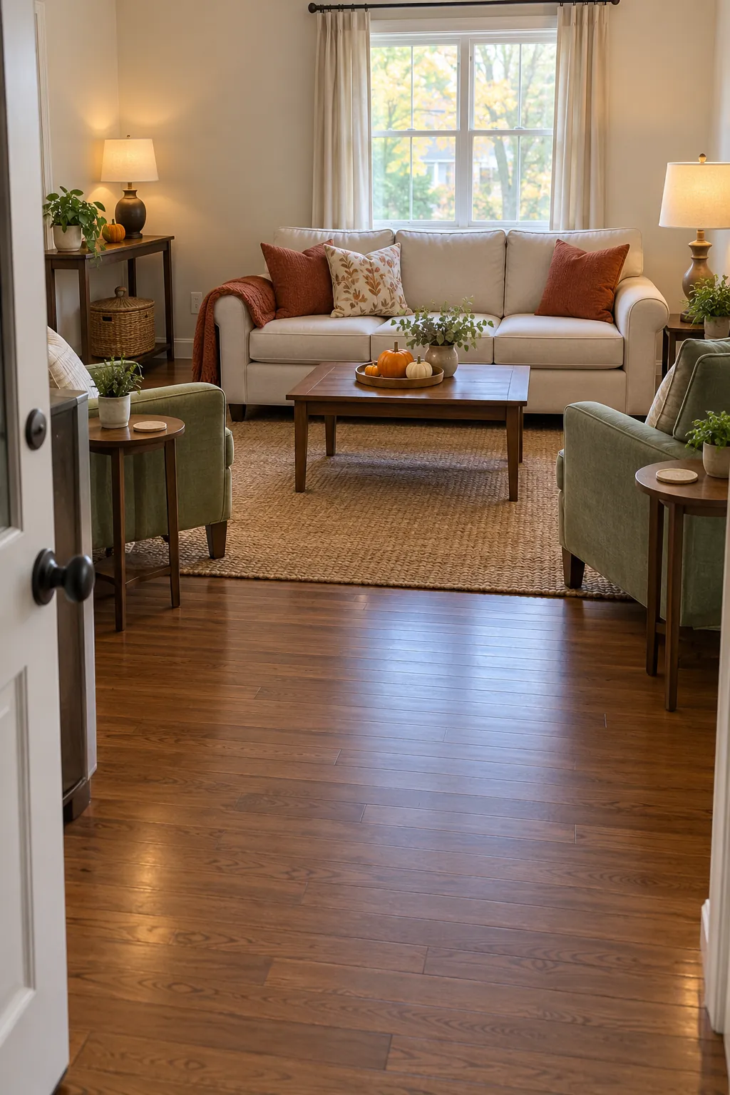 Comfortable Thanksgiving living room with clear guest seating and useful side tables