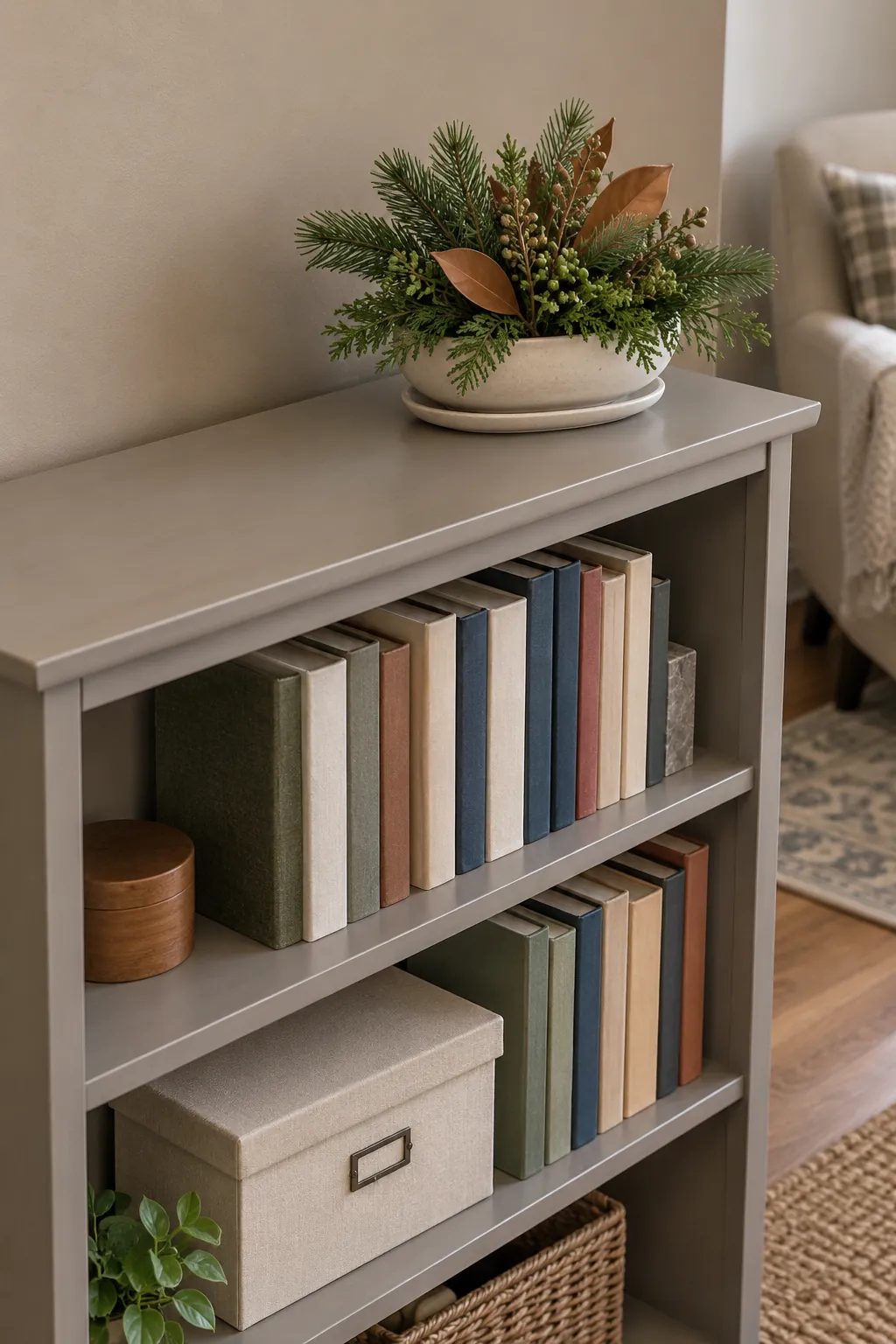 Short Greenery on a Bookcase Top Thanksgiving living room idea