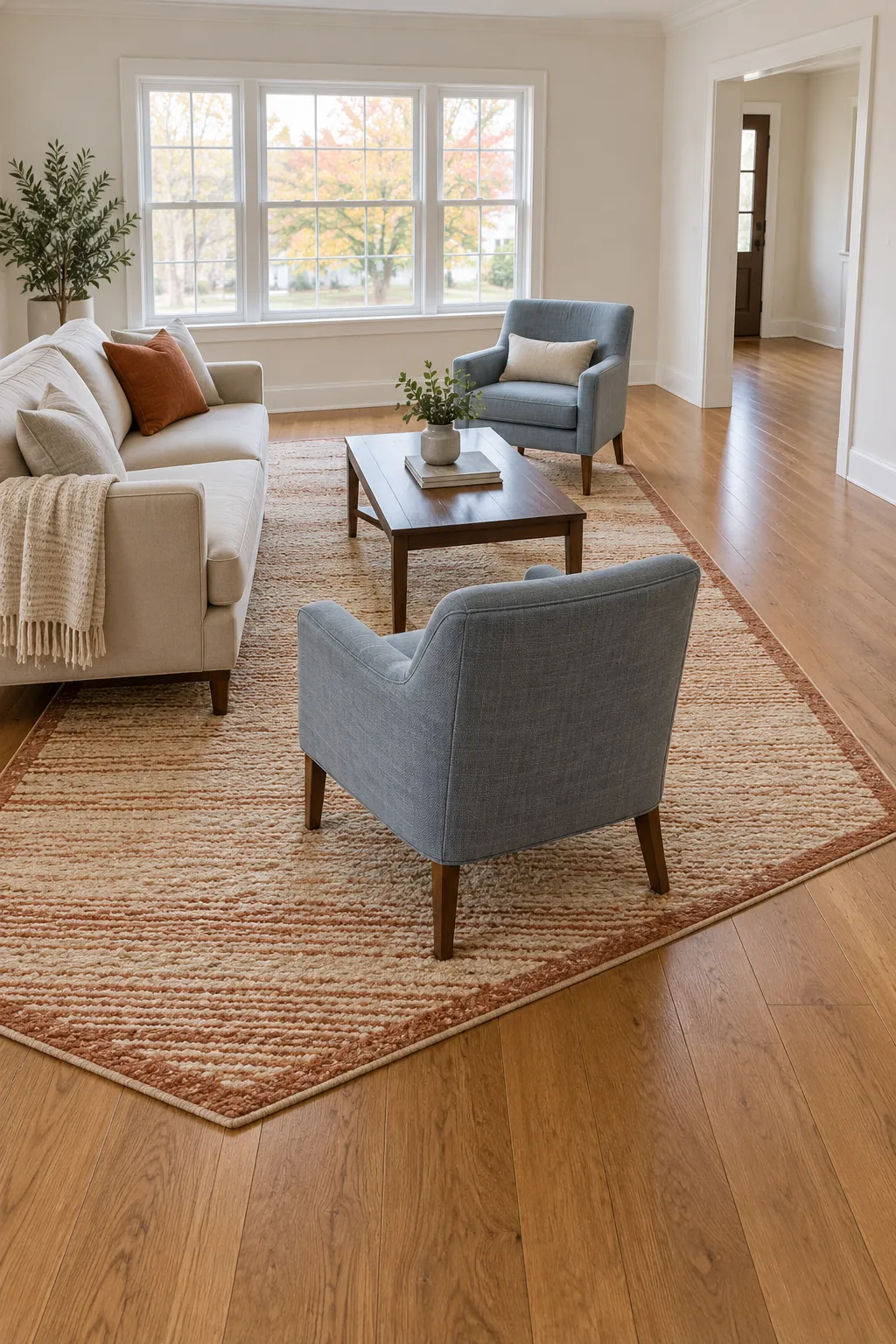 One Flat Rug beneath the Seating Group Thanksgiving living room idea