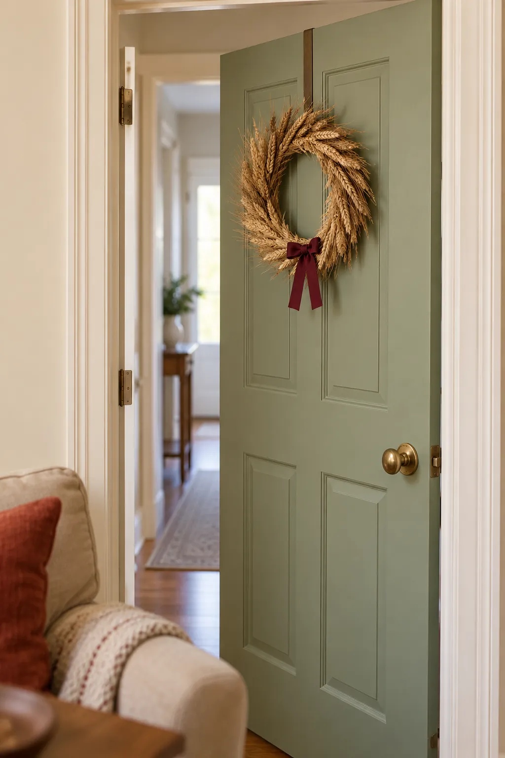 A Small Wreath on an Interior Door Thanksgiving living room idea